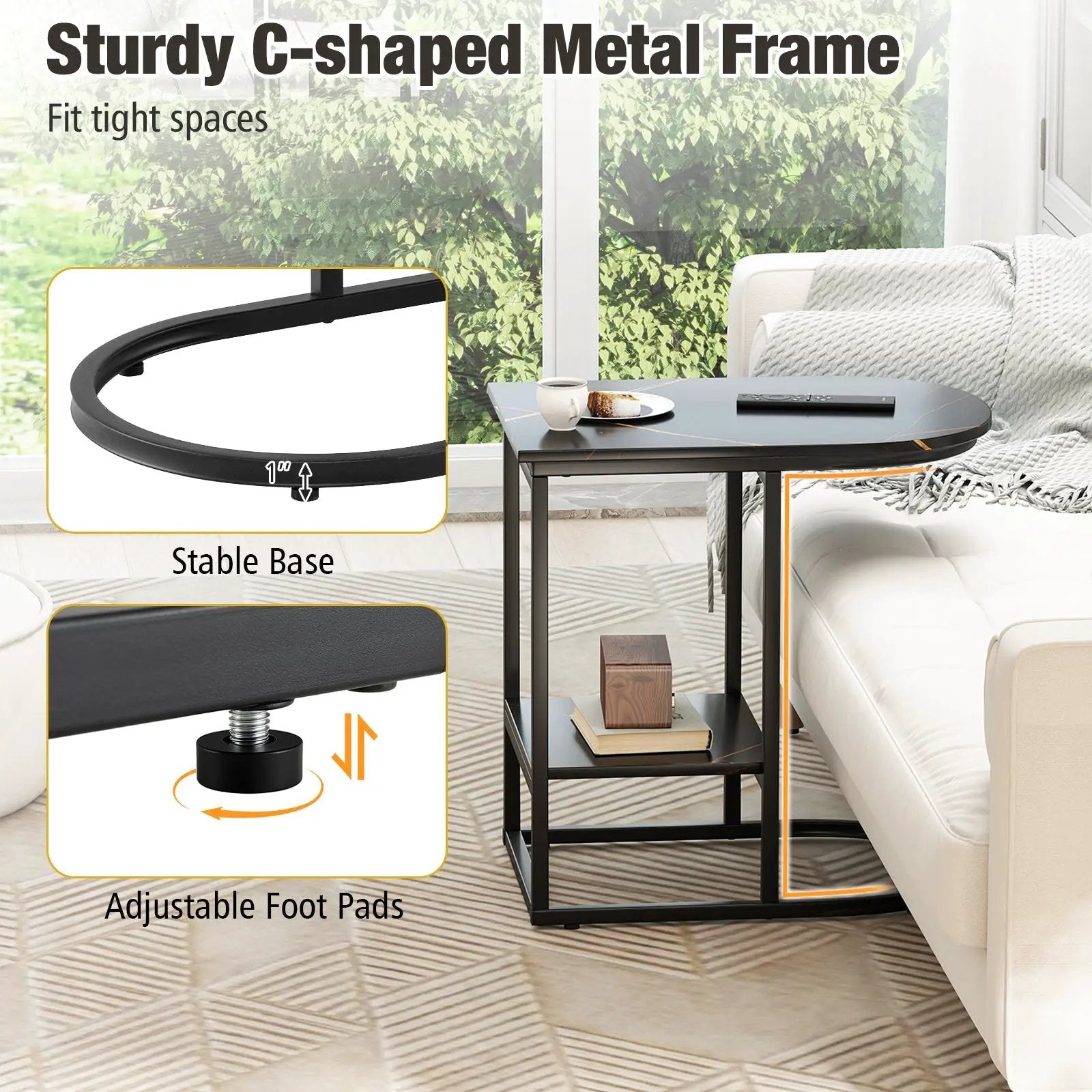 C-shaped Modern Sofa Side Table with Faux Marble Tabletop and Storage Shelf by DirectDeals