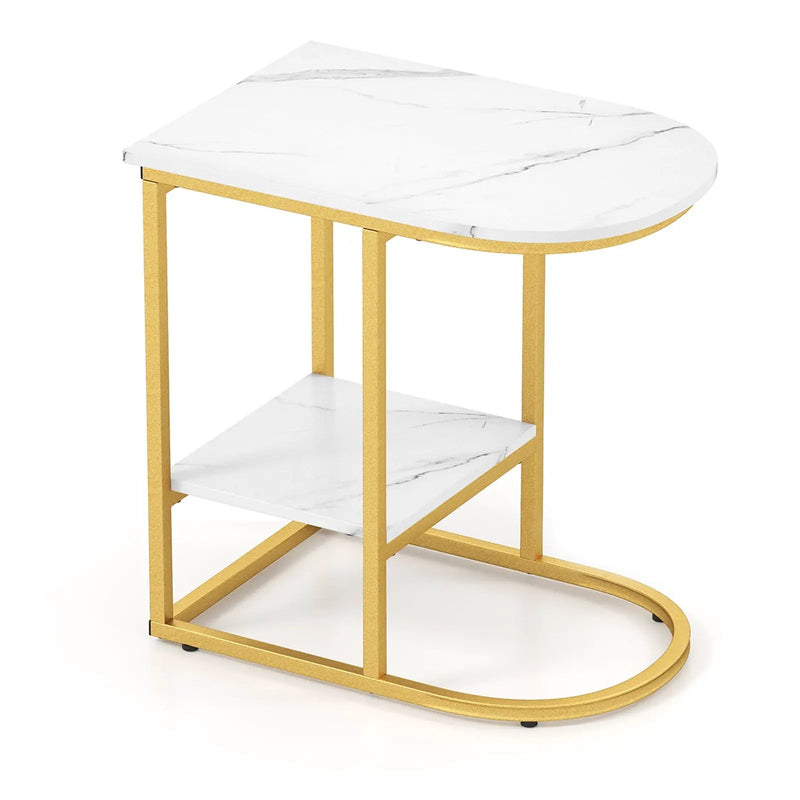 C-shaped Modern Sofa Side Table with Faux Marble Tabletop and Storage Shelf by DirectDeals