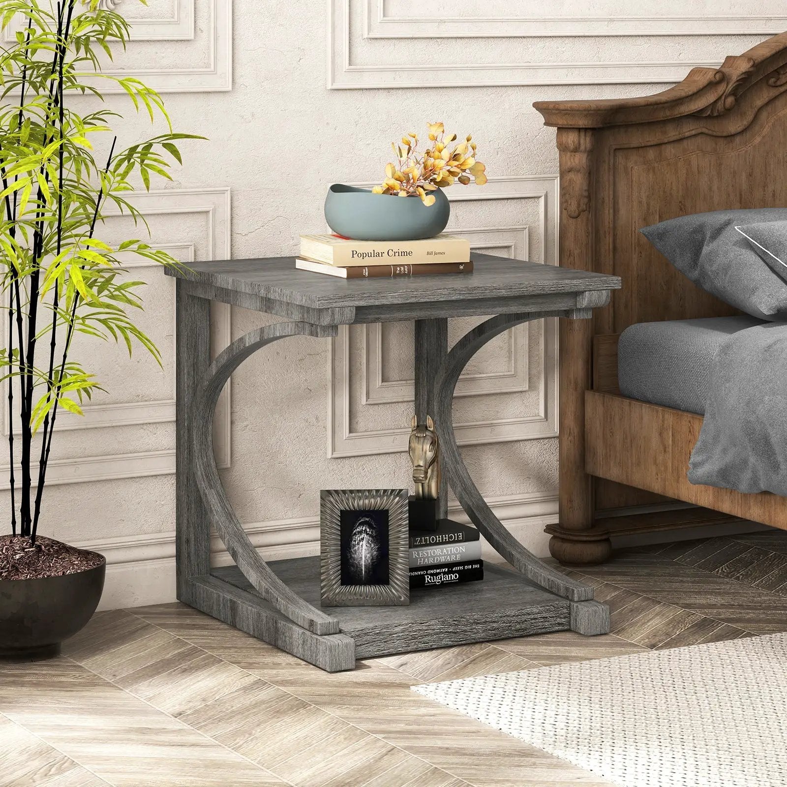 C-shaped 24 Inch 2 Tier Square End Table Sofa Side Table-Grey by DirectDeals