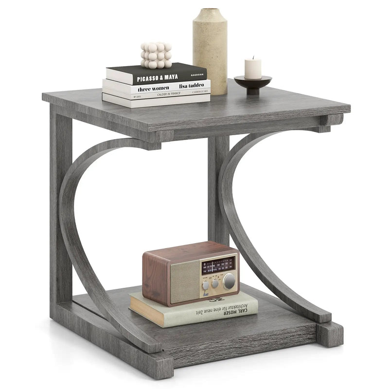 C-shaped 24 Inch 2 Tier Square End Table Sofa Side Table-Grey by DirectDeals