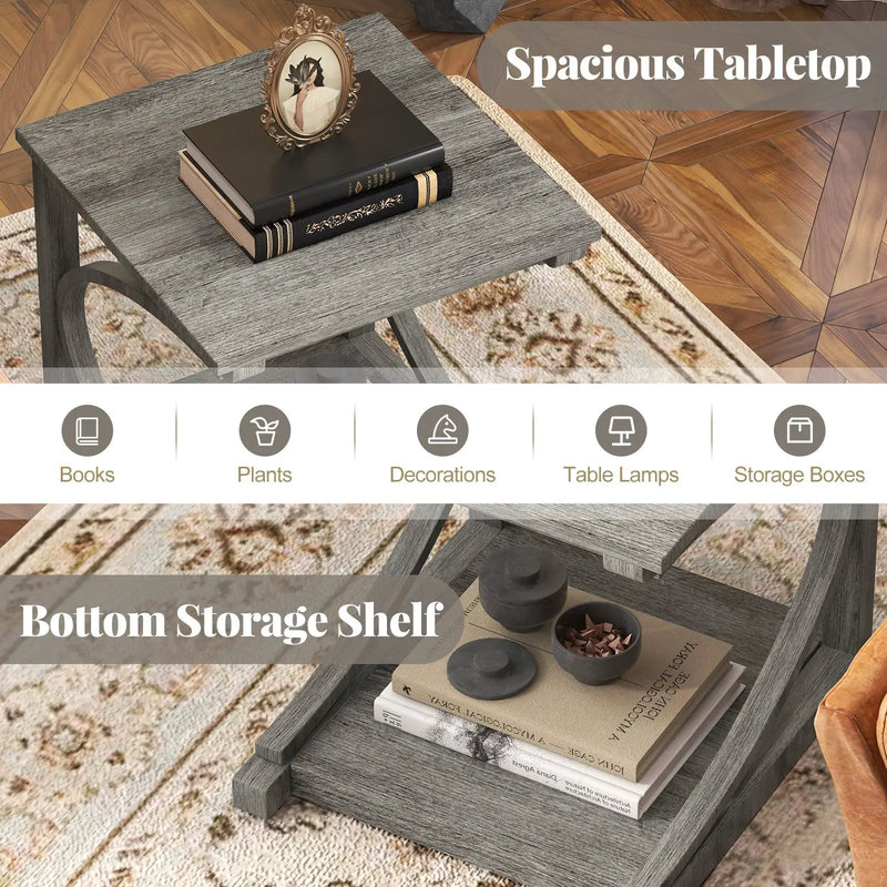 C-shaped 24 Inch 2 Tier Square End Table Sofa Side Table-Grey by DirectDeals