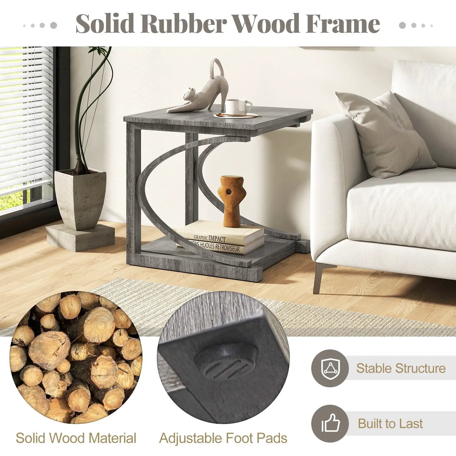 C-shaped 24 Inch 2 Tier Square End Table Sofa Side Table-Grey by DirectDeals