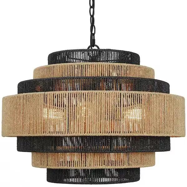 Open Box Prime Ray Luster Boho 24 in. 6-Light 7-Tier Hand Woven Rattan Pendant Chandelier Light with Large Shade and Black Finish by Selzalot