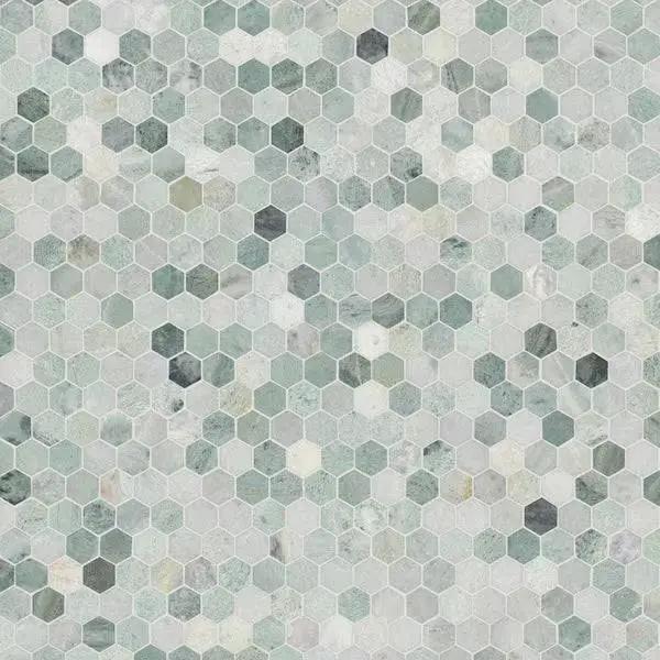 Open Box MSI Icelandic Green 2 in. Hexagon 12 in. x 12 in. x 0.38 in. Polished Marble Mesh-Mounted Mosaic Tile (9.8 sq. ft./case) by Selzalot