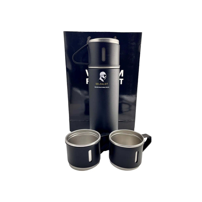 SELZALOT Stainless Steel Vacuum Flask Set, 500ML Gift Set, Black, Thickened Food Grade 304 Stainless Steel, Durable Insulation, Ergonomic Design, with 3 Cups by Selzalot