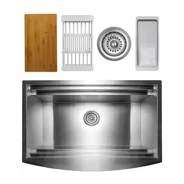 Open Box AKDY Handmade Farmhouse Apron Front 33 in. x 22 in. Single Bowl Stainless Steel Workstation Kitchen Sink with Accessories by Selzalot