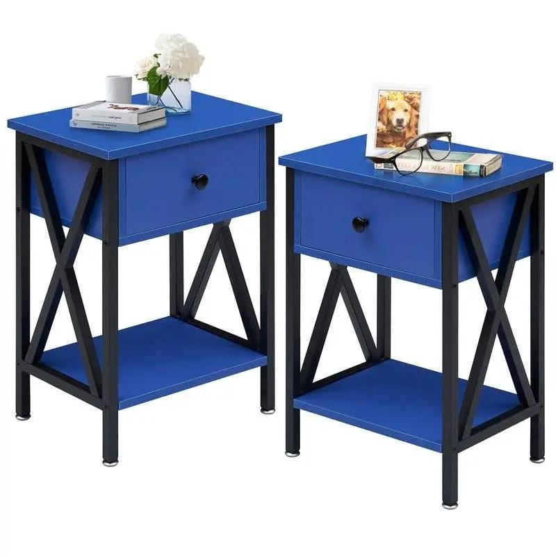 Set of 2 - 1 Drawer Nightstand in Dark Blue and Black by HomePacific
