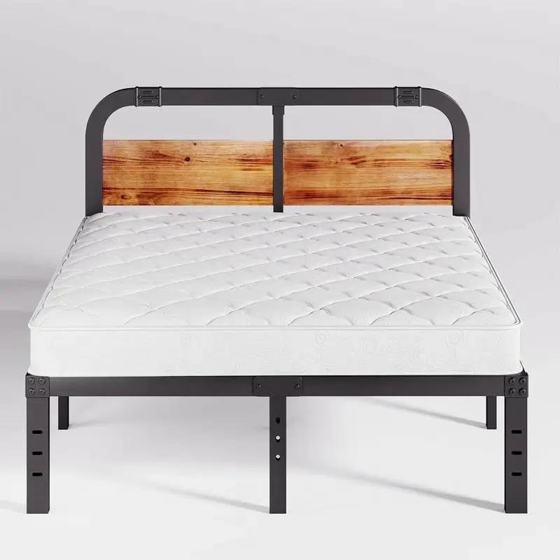 California King Heavy Duty Black Metal Bed Frame with Wood Panel Headboard by HomePacific