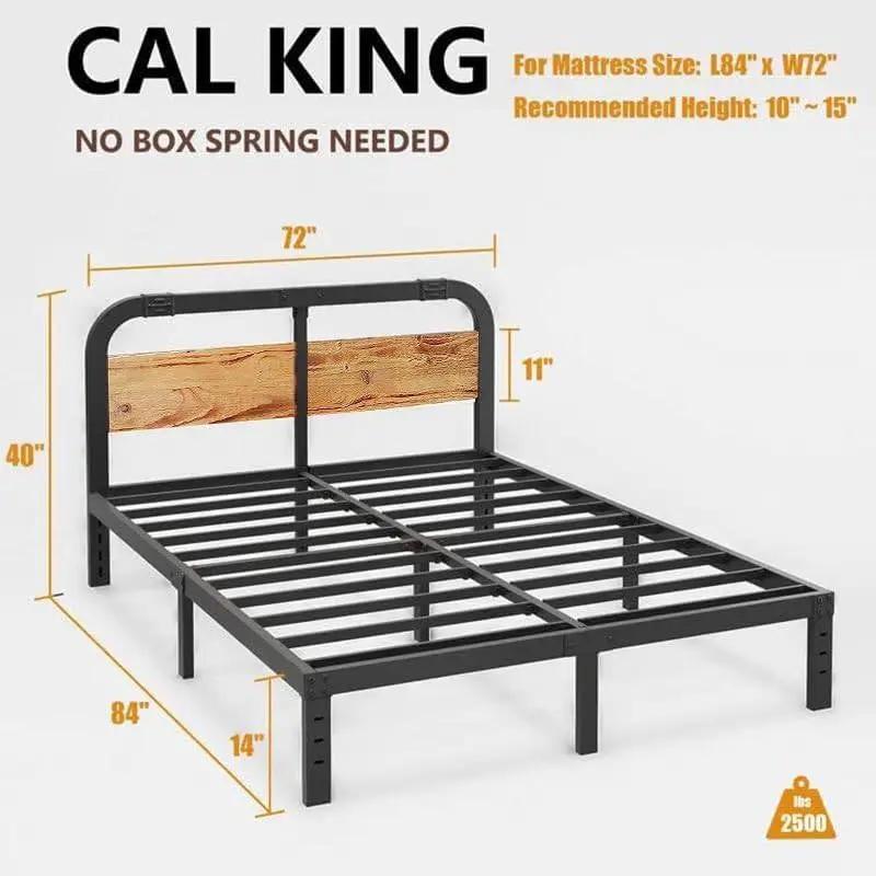 California King Heavy Duty Black Metal Bed Frame with Wood Panel Headboard by HomePacific