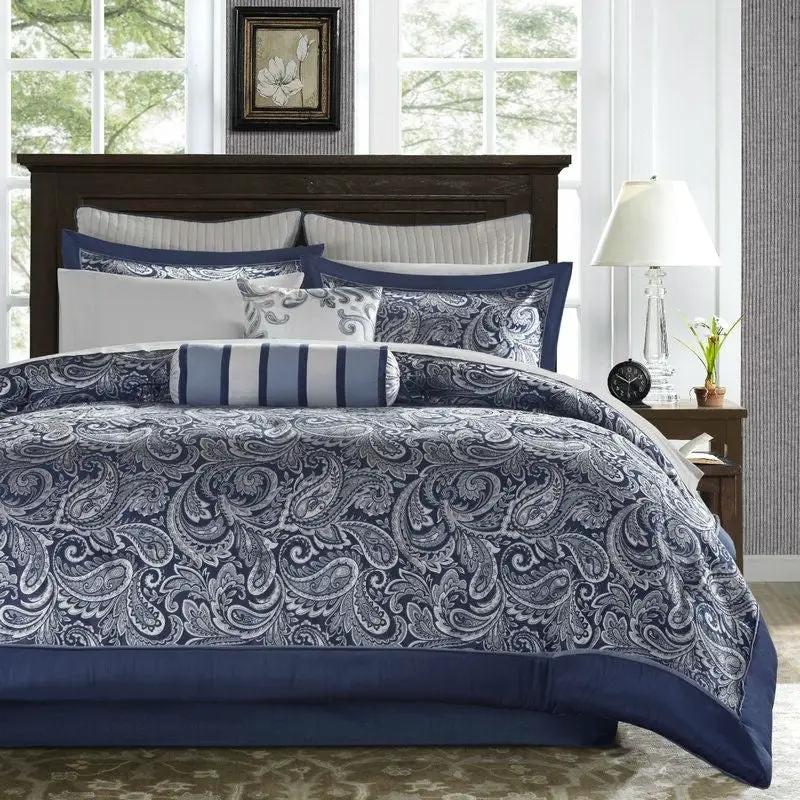 California King 12-piece Reversible Microfiber Comforter Set Navy Blue White by HomePacific