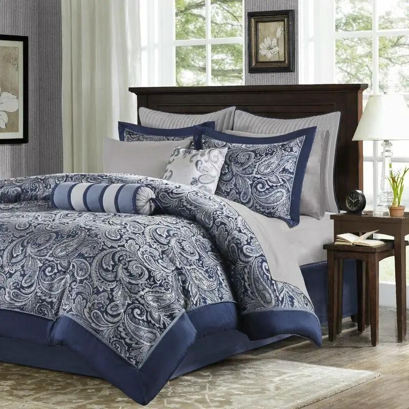 California King 12-piece Reversible Microfiber Comforter Set Navy Blue White by HomePacific