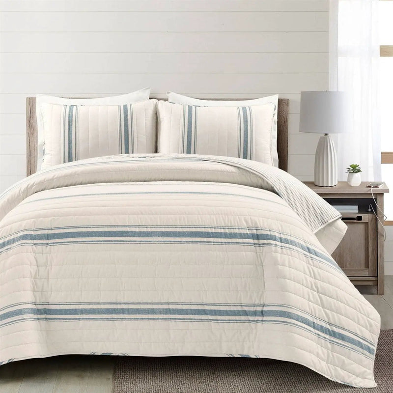 California King Blue Off-White Cream Stripe 3 Piece Reversible Cotton Quilt Set by HomePacific