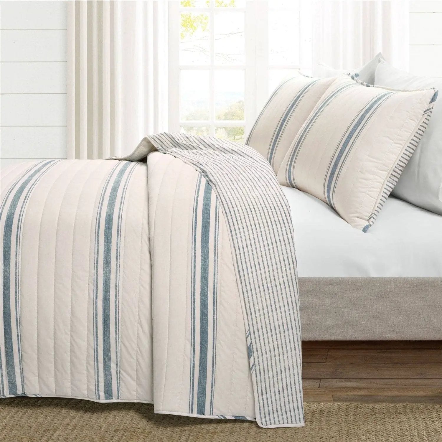 California King Blue Off-White Cream Stripe 3 Piece Reversible Cotton Quilt Set by HomePacific
