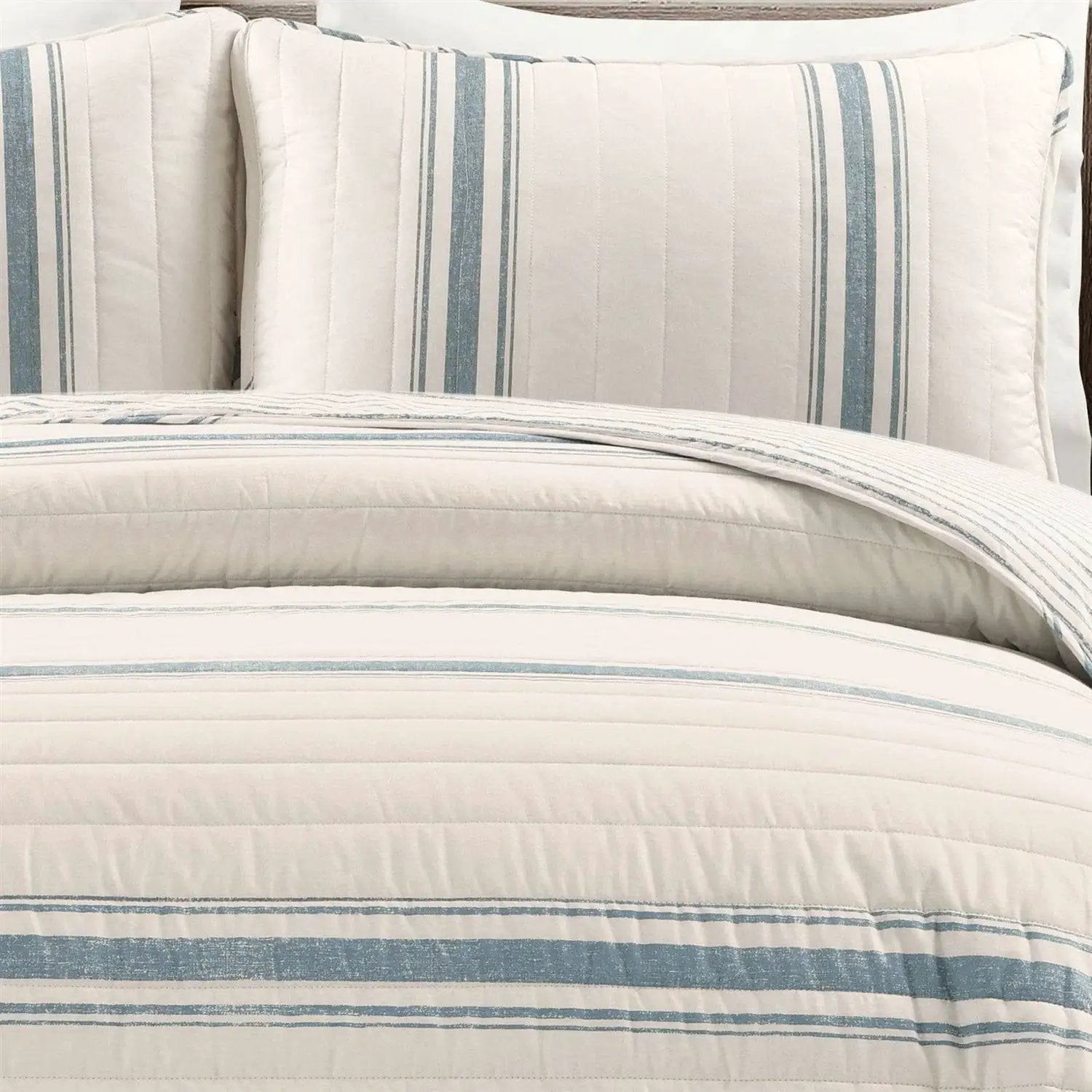 California King Blue Off-White Cream Stripe 3 Piece Reversible Cotton Quilt Set by HomePacific