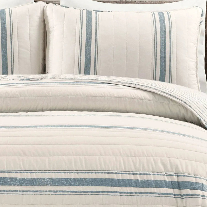 California King Blue Off-White Cream Stripe 3 Piece Reversible Cotton Quilt Set by HomePacific
