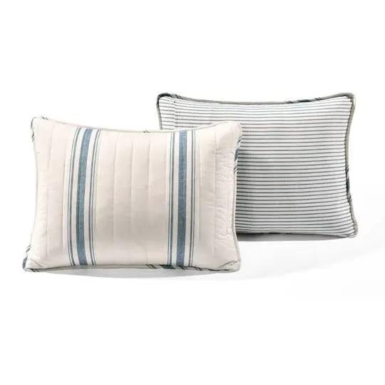 California King Blue Off-White Cream Stripe 3 Piece Reversible Cotton Quilt Set by HomePacific