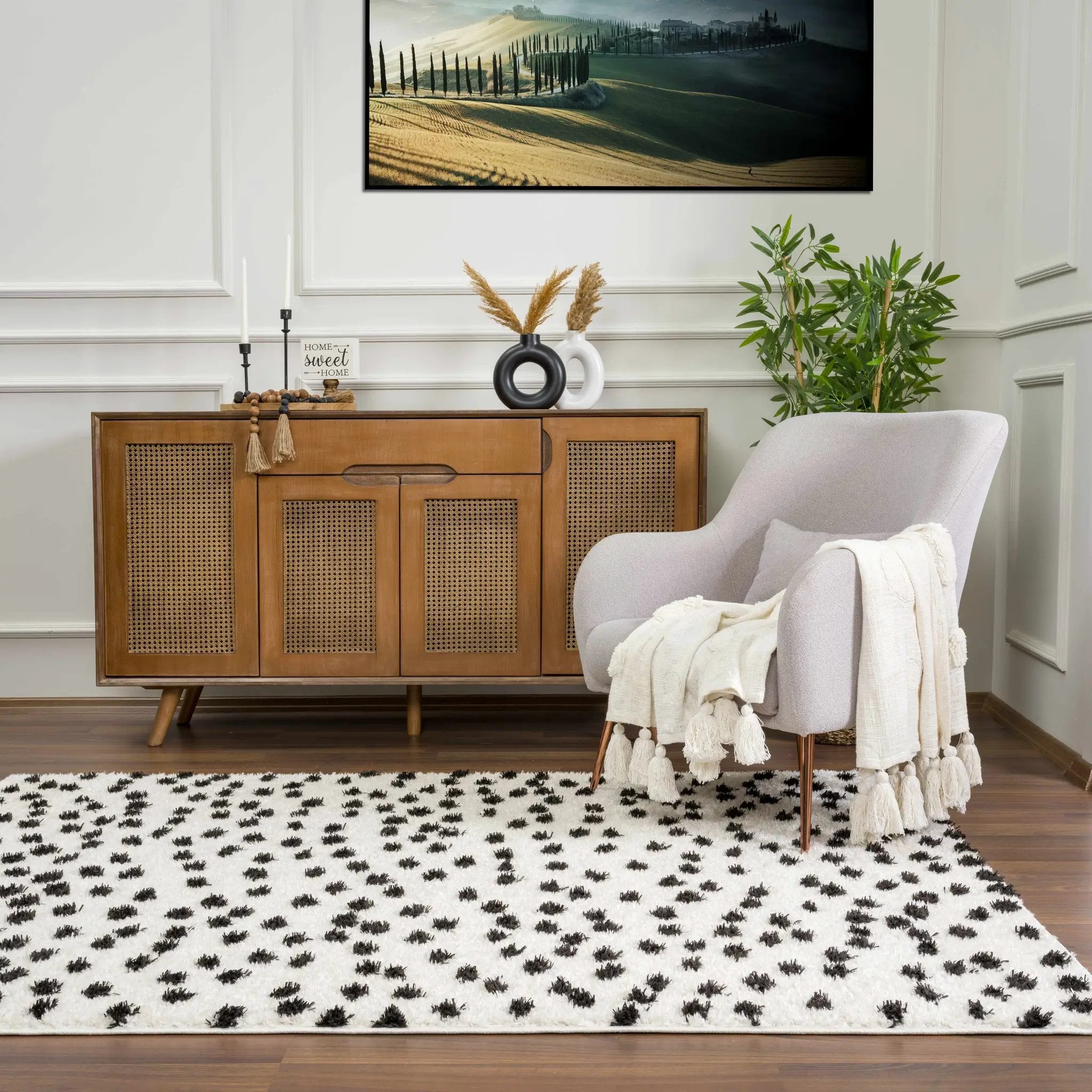 Cansu Black & White Dotted Area Rug by Hauteloom