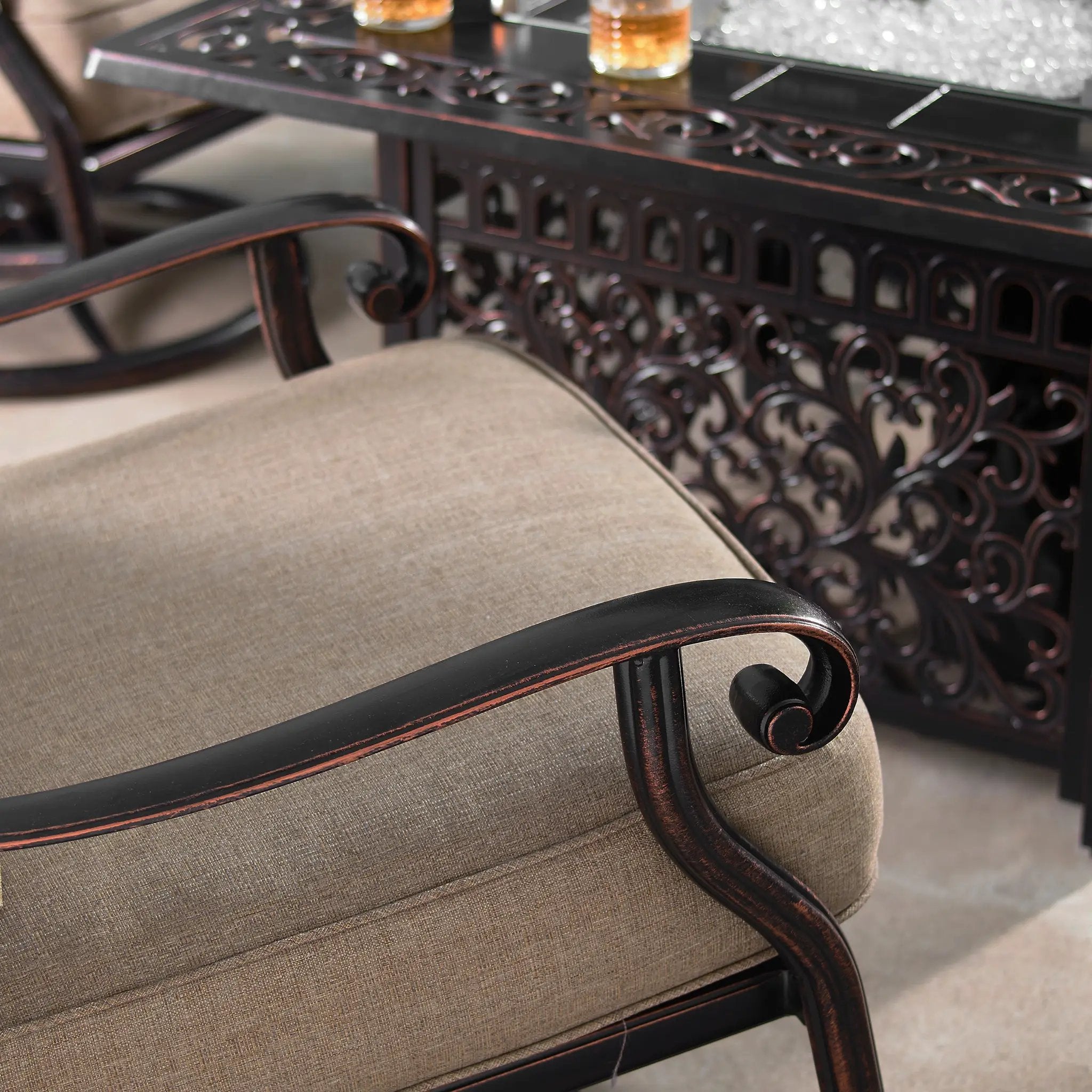 Aluminum Ornate Deep Seating Swivel Rocking Club Chairs Tan Cushions by Sharicks