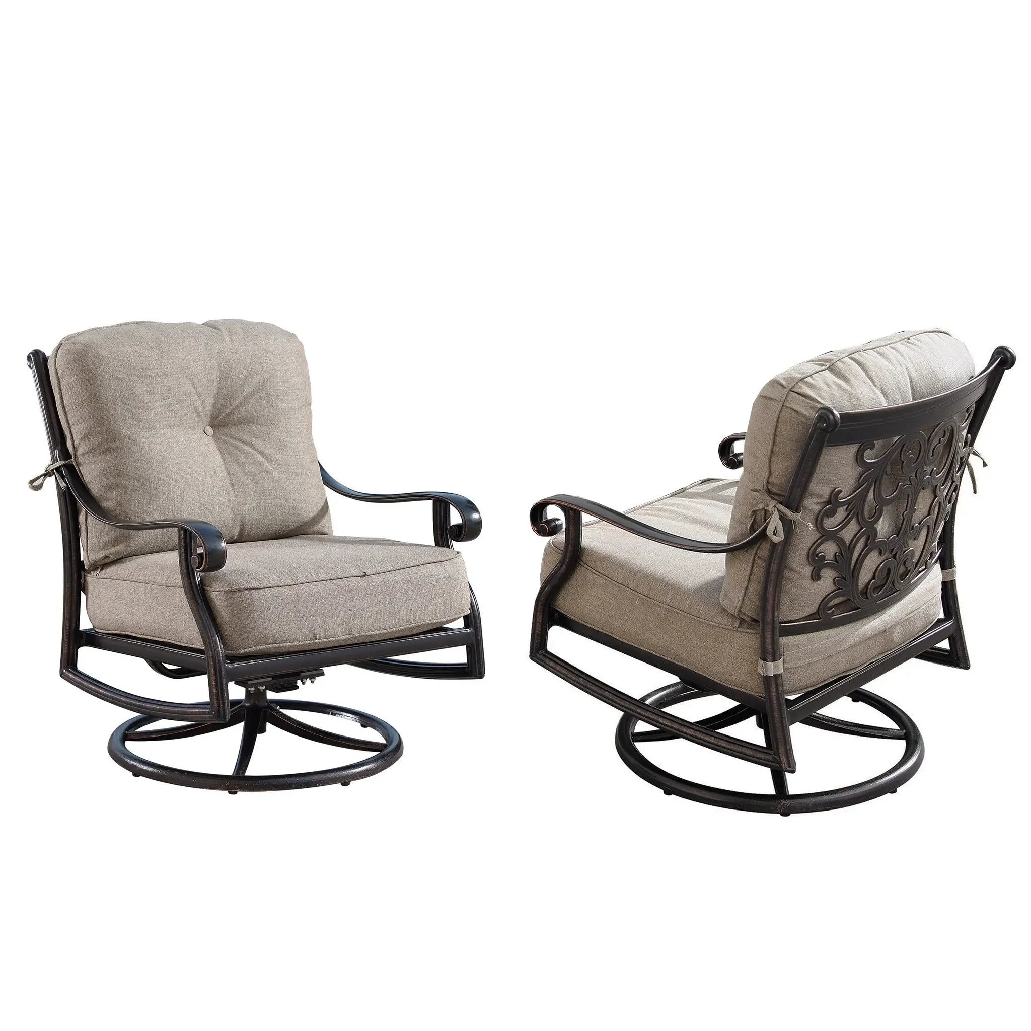 Aluminum Ornate Deep Seating Swivel Rocking Club Chairs Tan Cushions by Sharicks