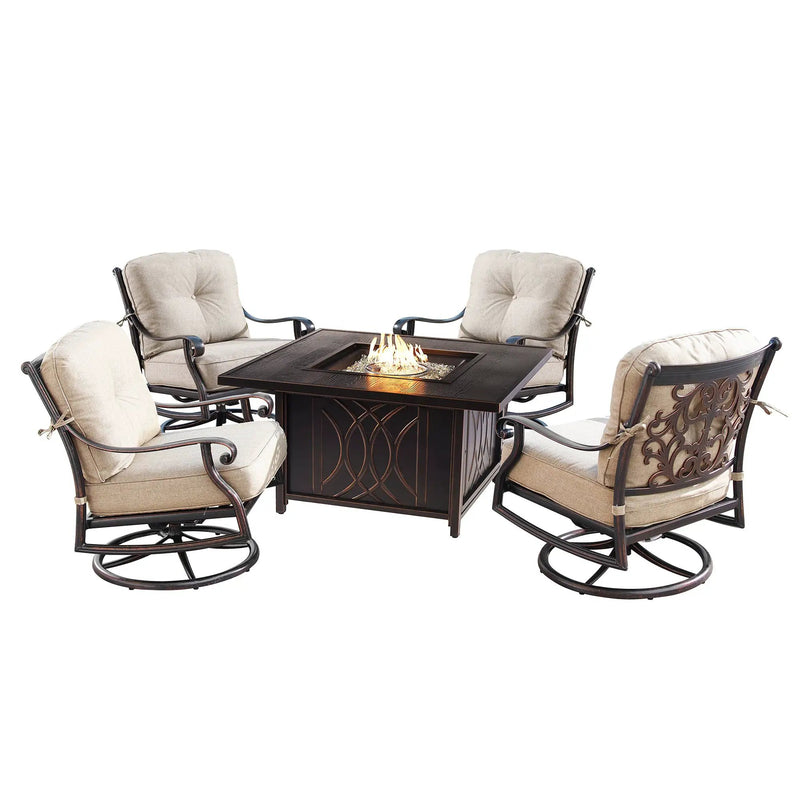 Aluminum 42-in Square Patio Fire Table Set with Swivel Rocking Chairs by Sharicks