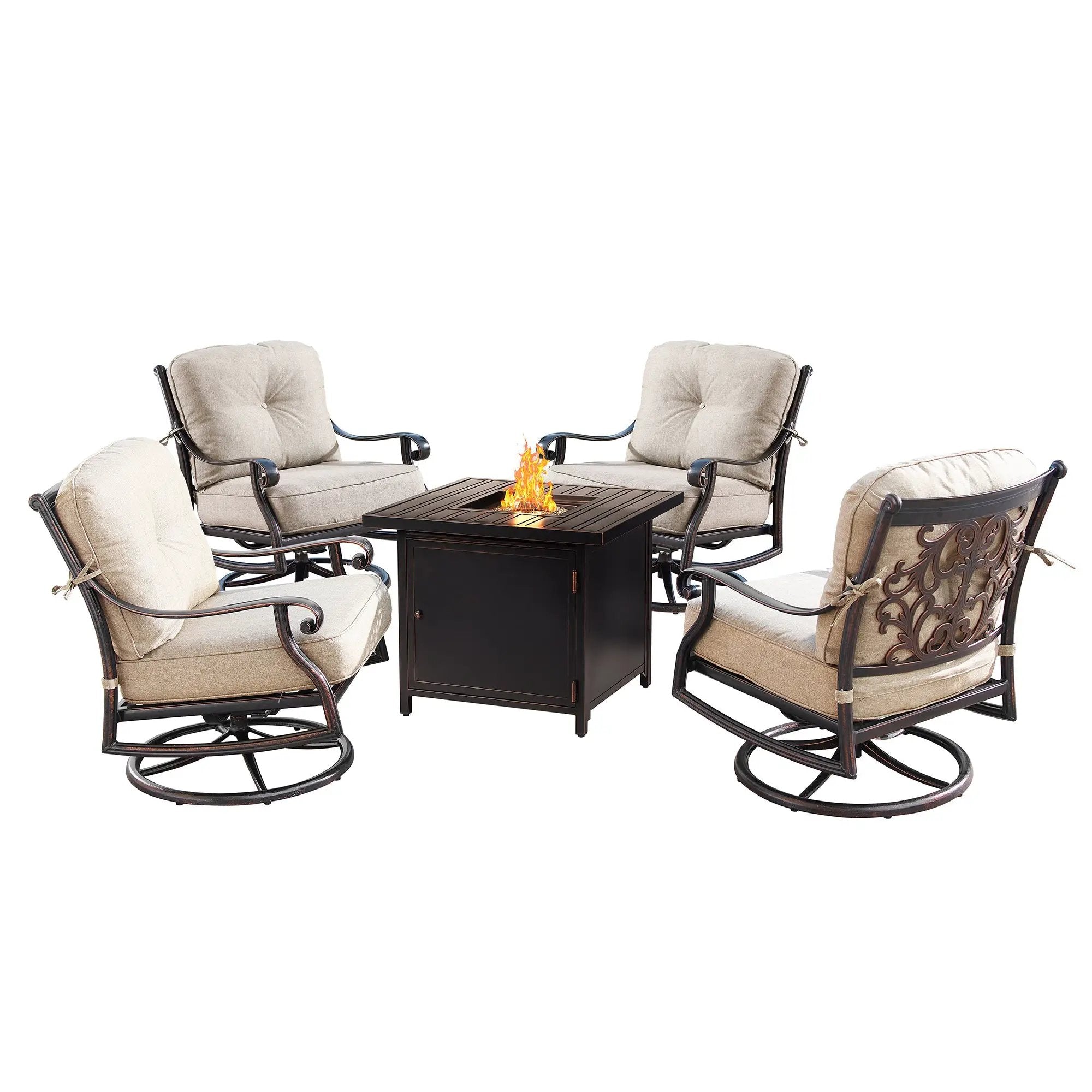 Aluminum 32-in Square Patio Fire Table Set with Swivel Rocking Chairs by Sharicks