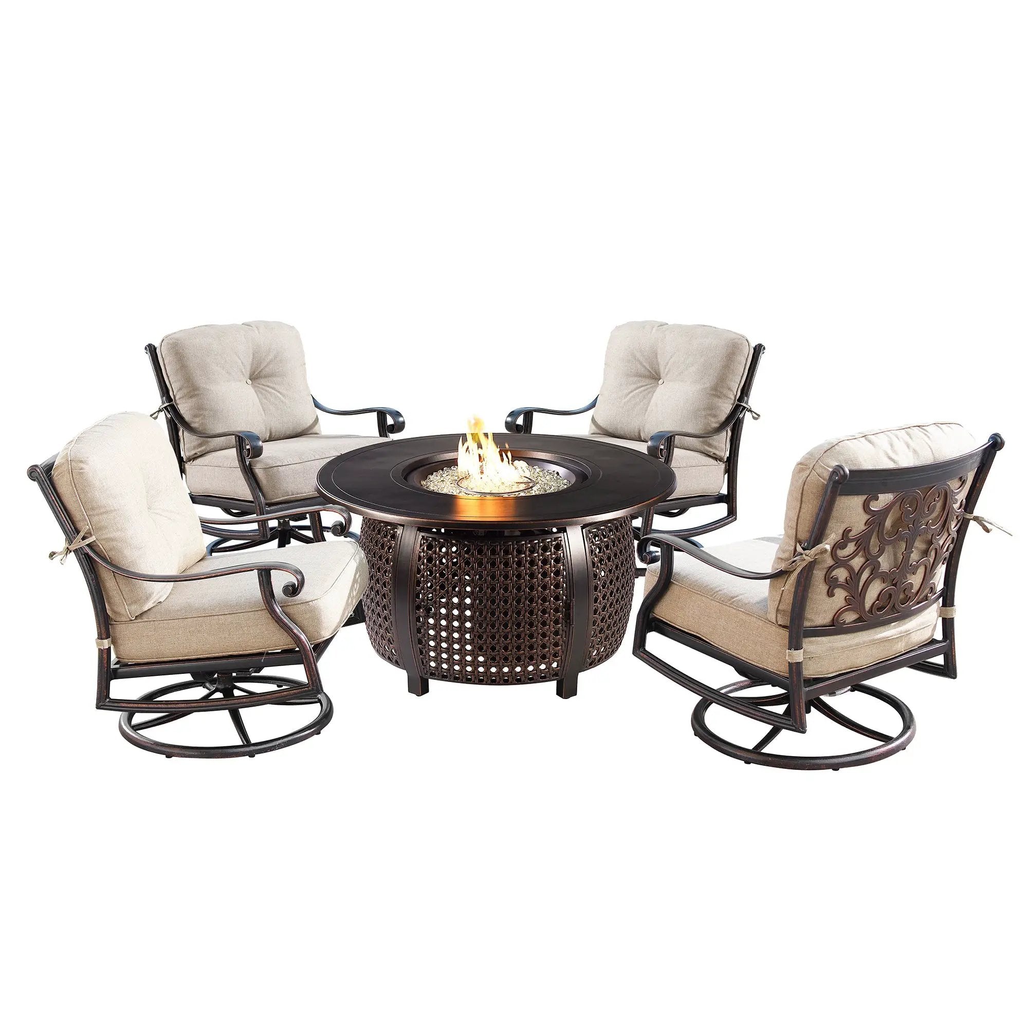 Aluminum 44-in Round Patio Fire Table Set with Swivel Rocking Chairs by Sharicks