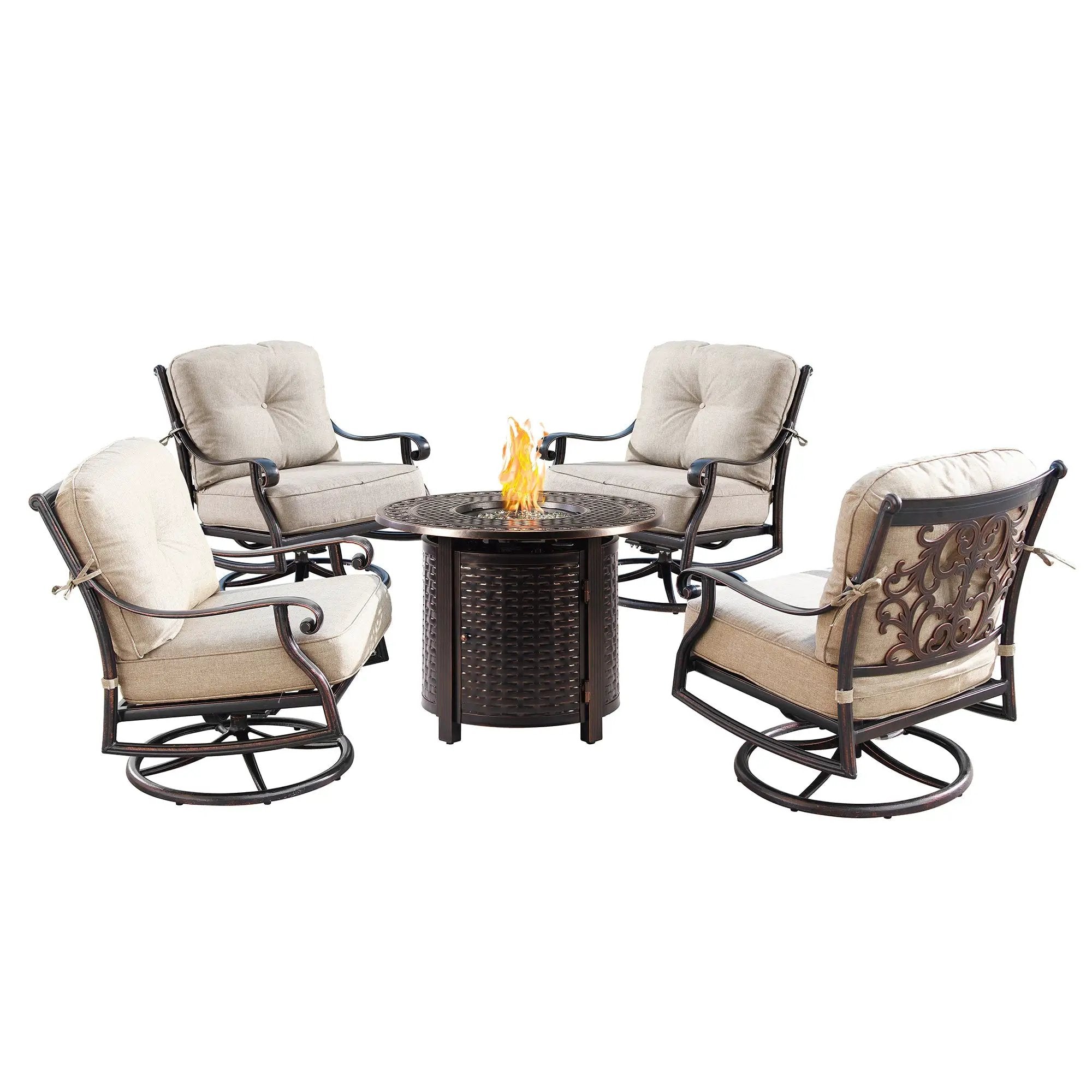 Aluminum 34-in Round Patio Fire Table Set with Swivel Rocking Chairs by Sharicks