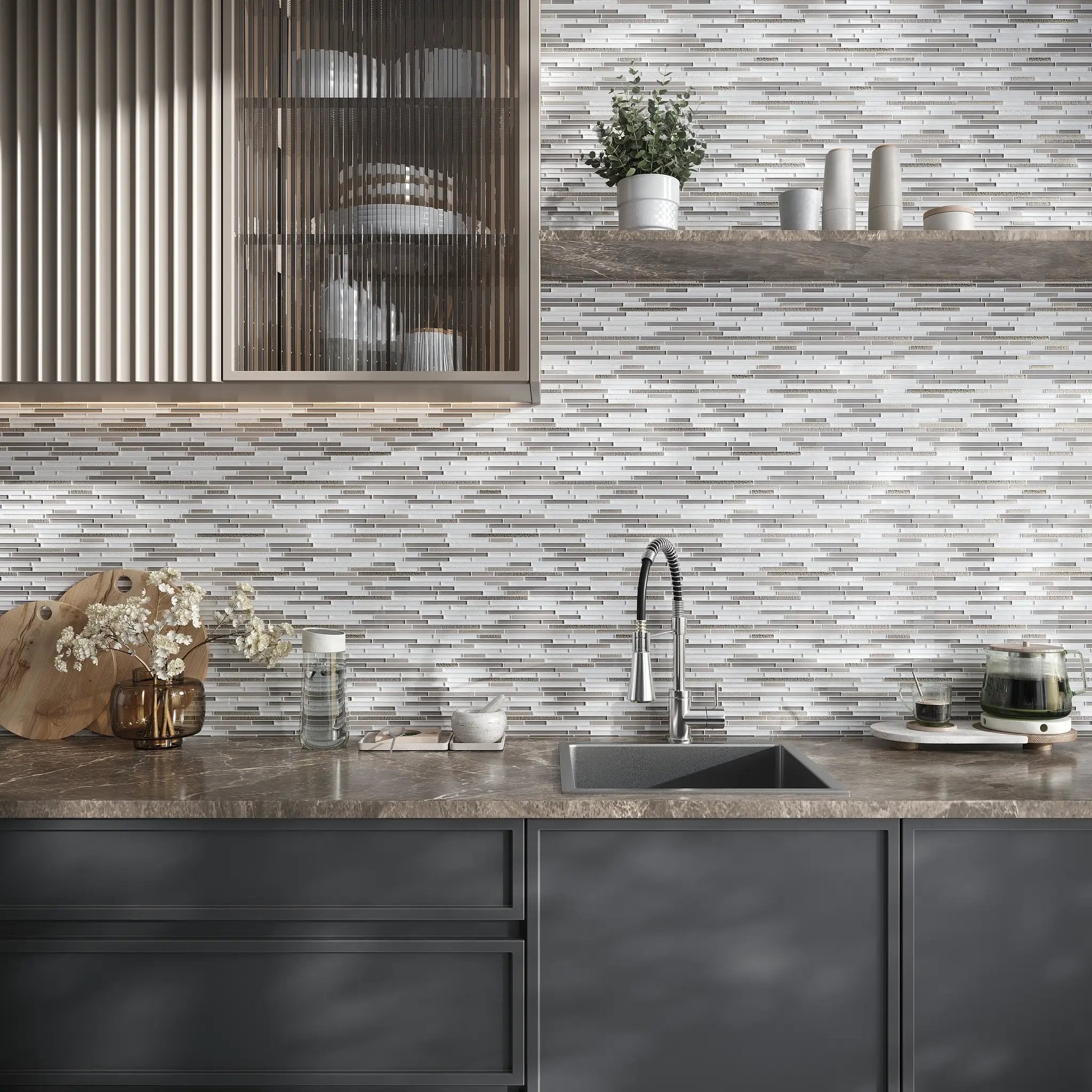 Gray 12x12 Glossy Matte Textured Brick Glass Mosaic Tile (5 pack, 4.83 sq ft/case) by Apollo Tile