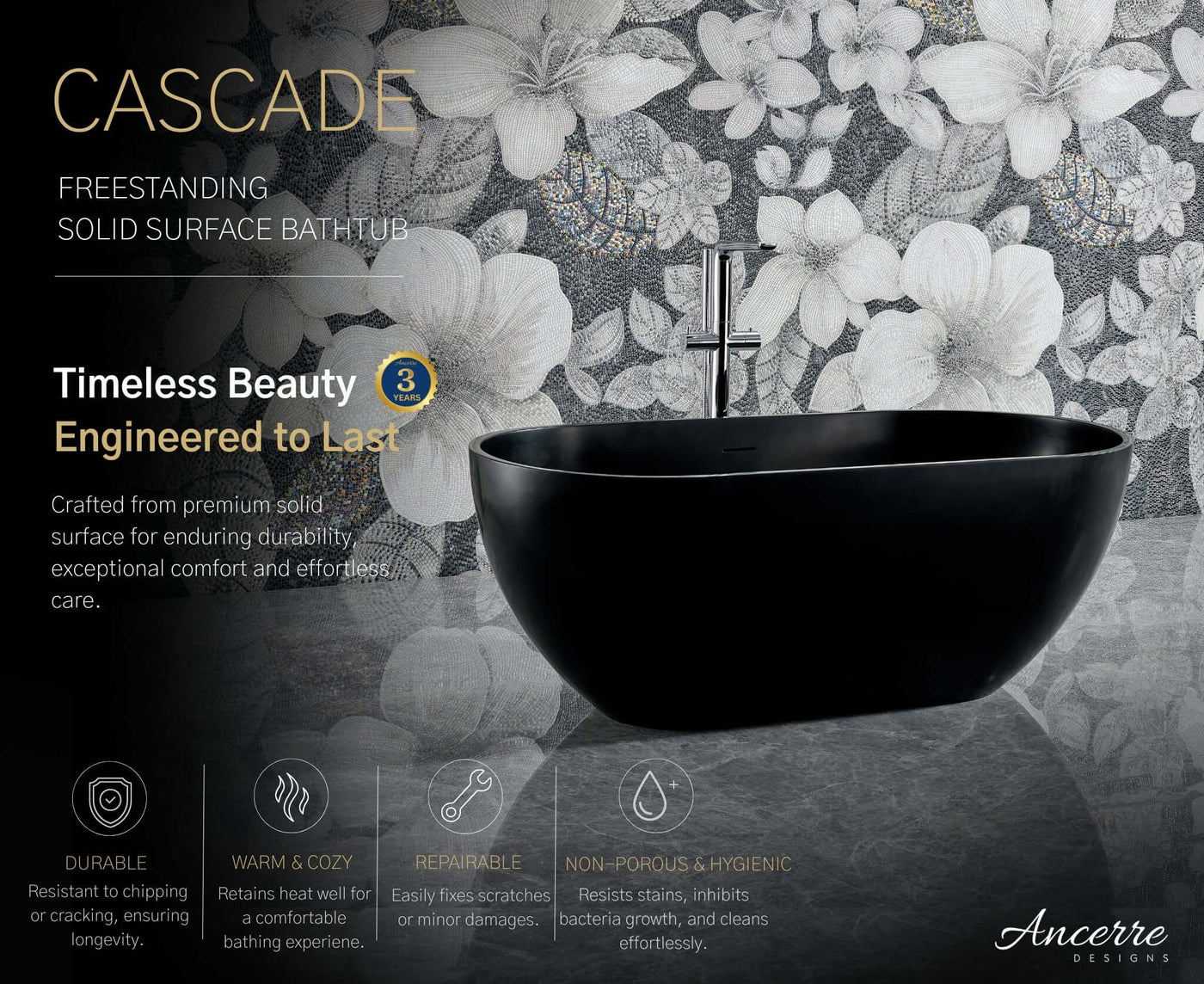 Cascade 59” Freestanding Solid Surface Bathtub by Ancerre Designs