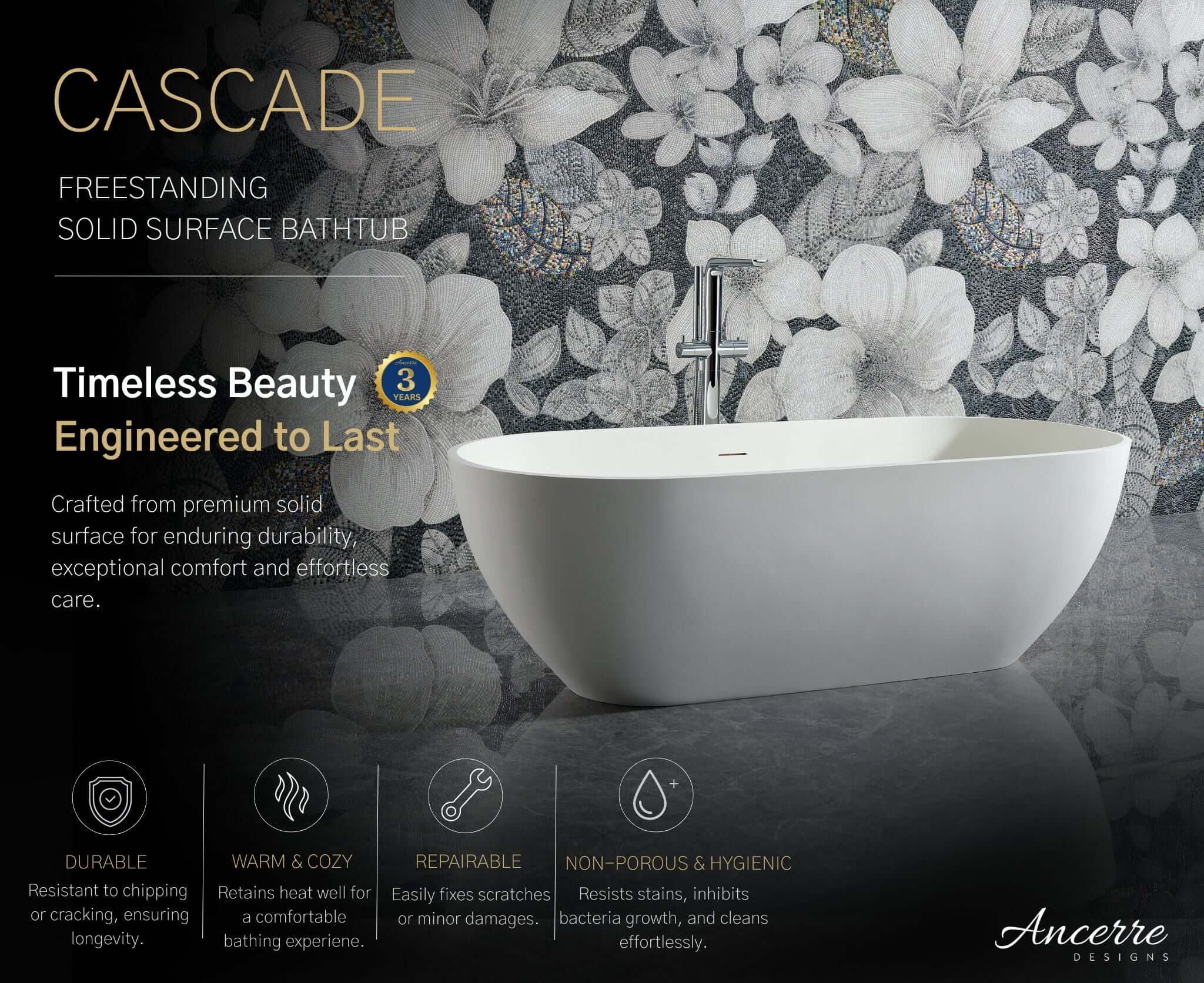 Cascade 69 ” Freestanding Solid Surface Bathtub by Ancerre Designs