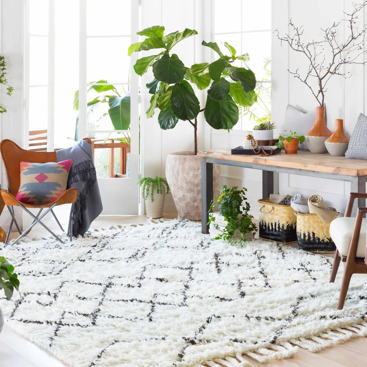 Catoosa White/Black Trellis Wool Rug - Clearance, installed in a room