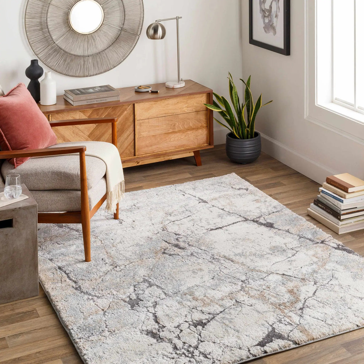 Cavetown Gray Marble Thick Rug, installed in a room
