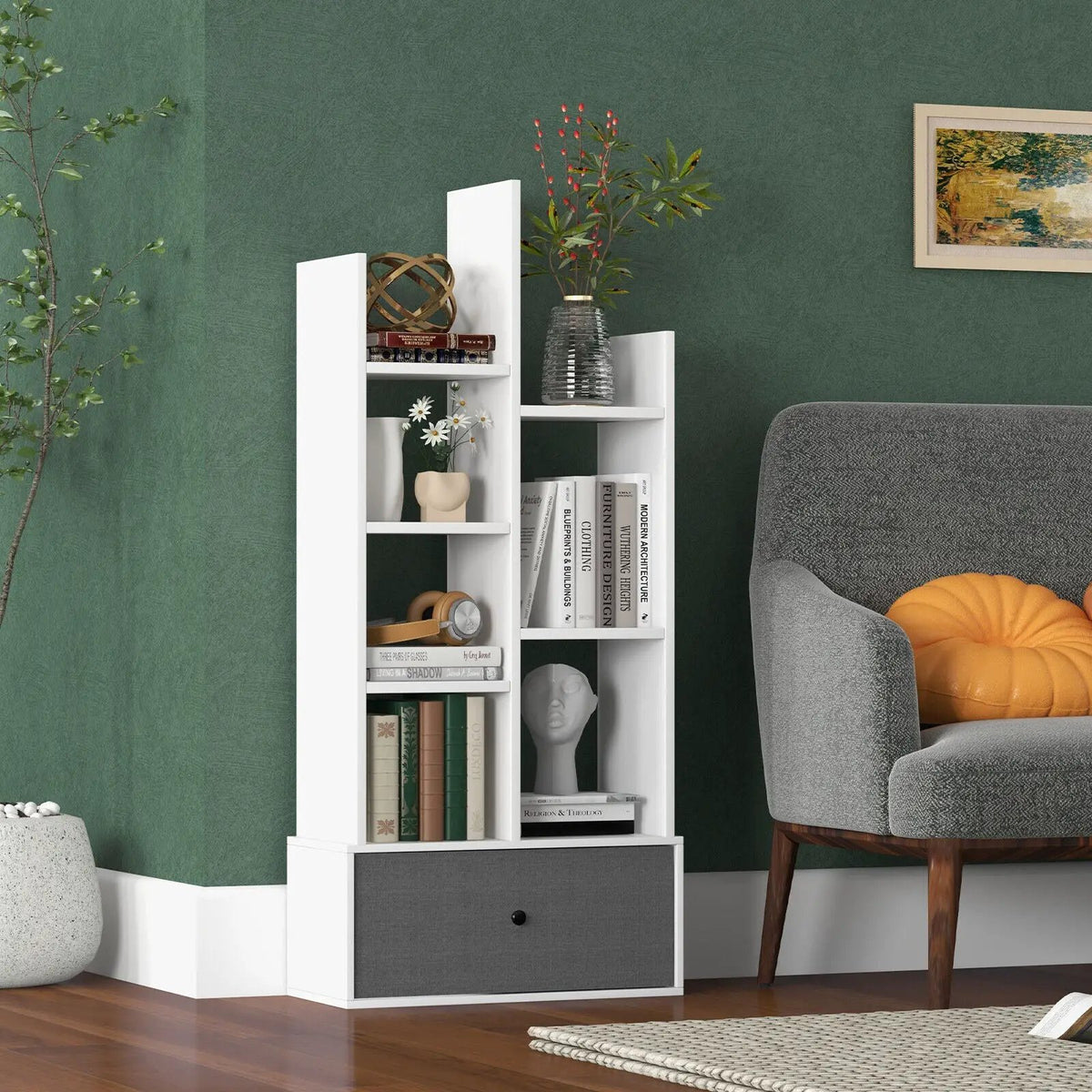 7-Tier Open-Back Bookshelf with Drawer