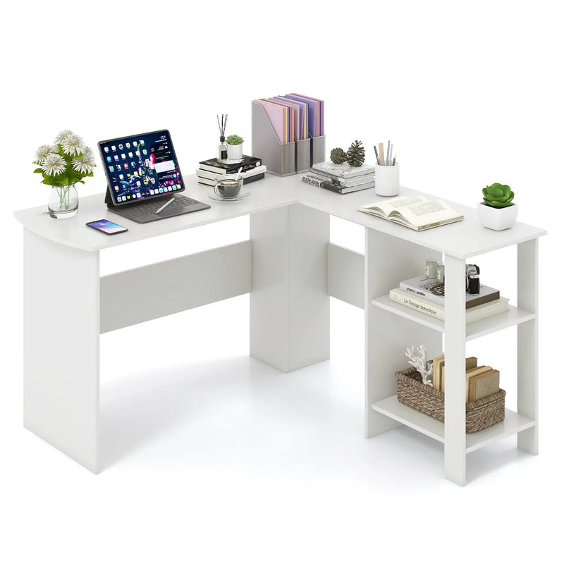 Large Modern L-shaped Computer Desk with 2 Cable Holes and 2 Storage Shelves-White by DirectDeals