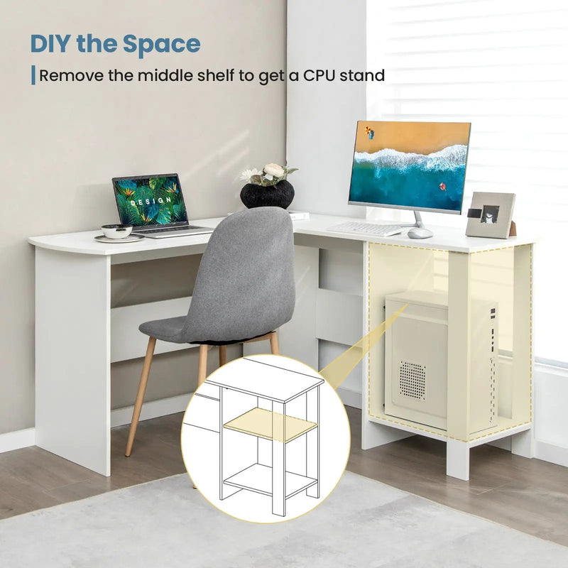 Large Modern L-shaped Computer Desk with 2 Cable Holes and 2 Storage Shelves-White by DirectDeals