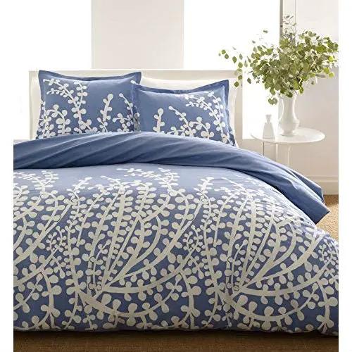 Full / Queen 100-Percent Cotton 3-Piece Comforter Set with Blue White Floral Branch Pattern by HomePacific