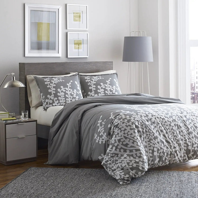 Full / Queen 100-percent Cotton Comforter Set with Grey White Floral Branch Pattern by HomePacific