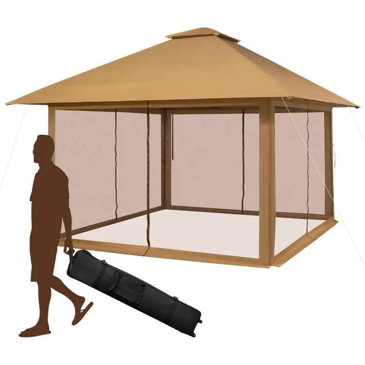 Brown 13 x 13 Ft Pop-Up Gazebo Outdoor Canopy w/ Mesh Mosquito Netting Sidewalls by HomePacific