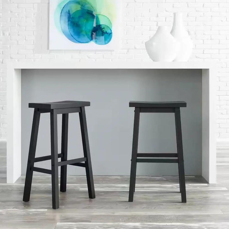 Set of 2 Farmhouse Bar Height Saddle Seat Barstool in Charcoal Black Wood Finish by HomePacific