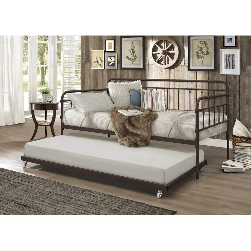 Twin size Rounded Iron Daybed with Roll Out Trundle Bed Frame in Copper Brown by HomePacific