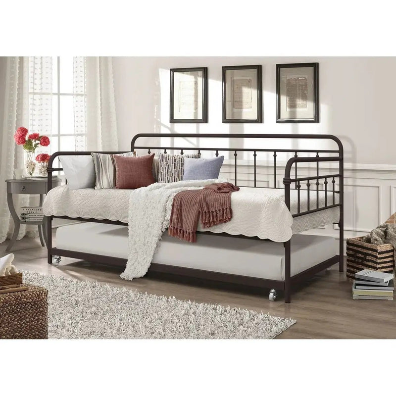 Twin size Rounded Iron Daybed with Roll Out Trundle Bed Frame in Copper Brown by HomePacific