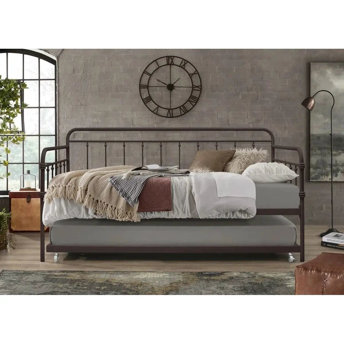 Twin size Rounded Iron Daybed with Roll Out Trundle Bed Frame in Copper Brown by HomePacific