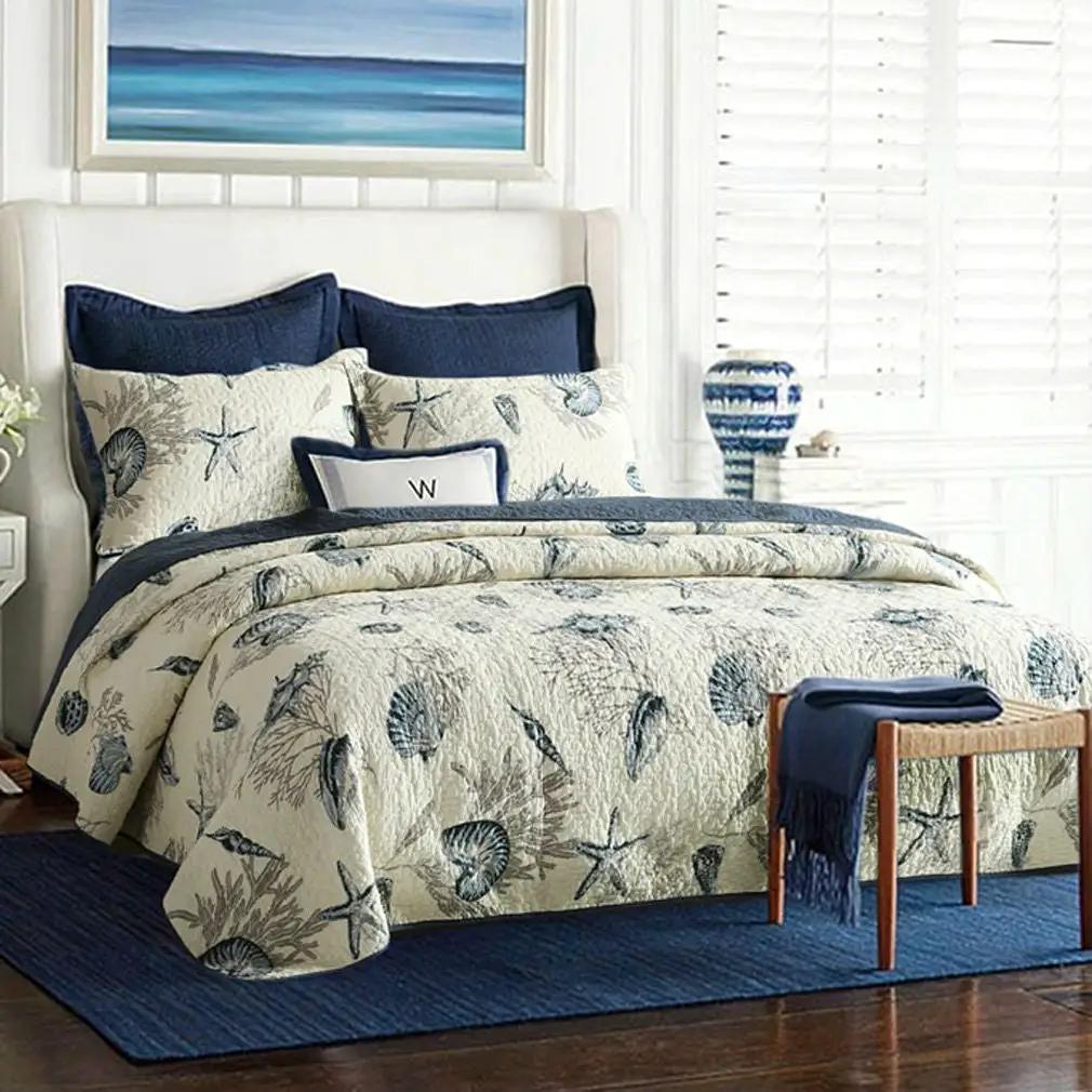 Queen size 100-Percent Cotton 3-Piece Bedspread Quilt Set Ocean Beach Sea Shells Marine Starfish by HomePacific