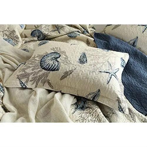 Queen size 100-Percent Cotton 3-Piece Bedspread Quilt Set Ocean Beach Sea Shells Marine Starfish by HomePacific