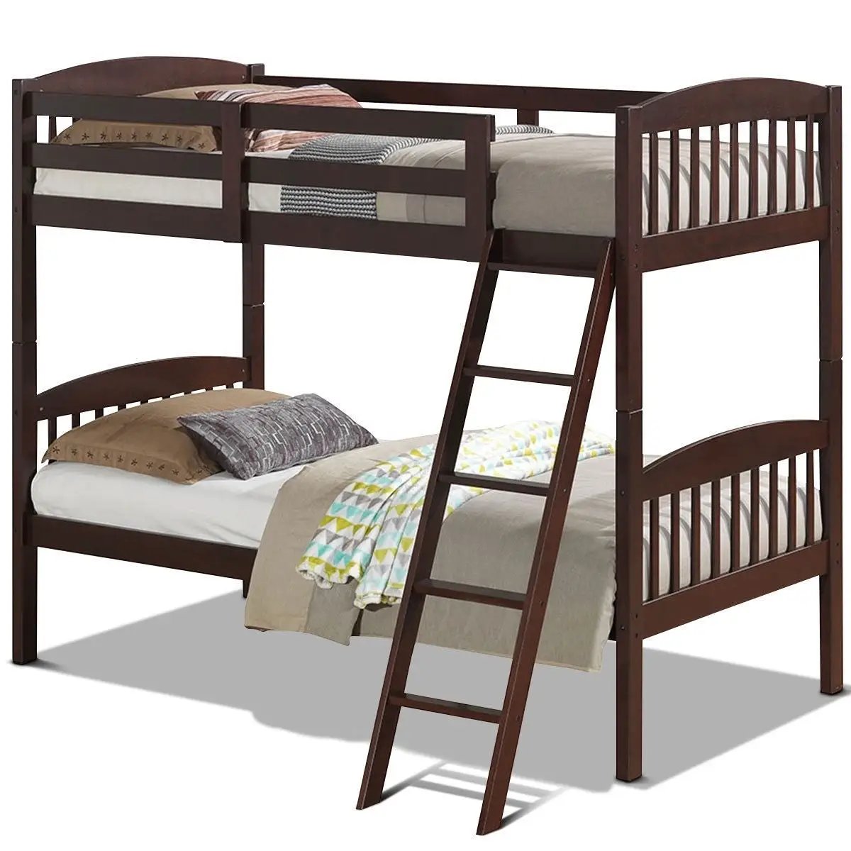 Twin over Twin Wooden Bunk Bed with Ladder in Dark Brown Finish by HomePacific