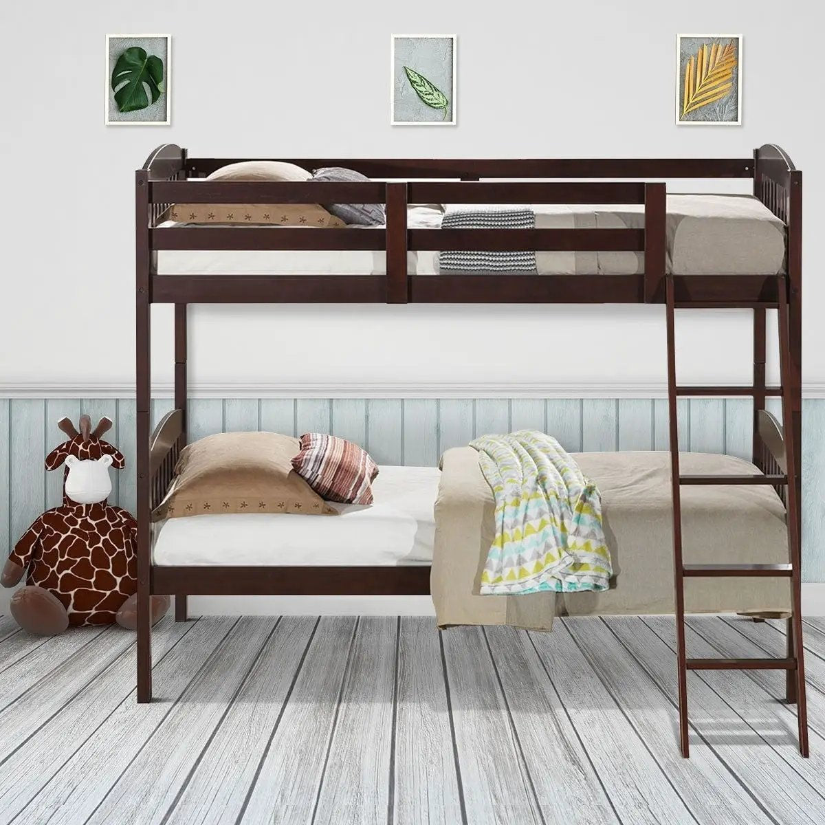 Twin over Twin Wooden Bunk Bed with Ladder in Dark Brown Finish by HomePacific