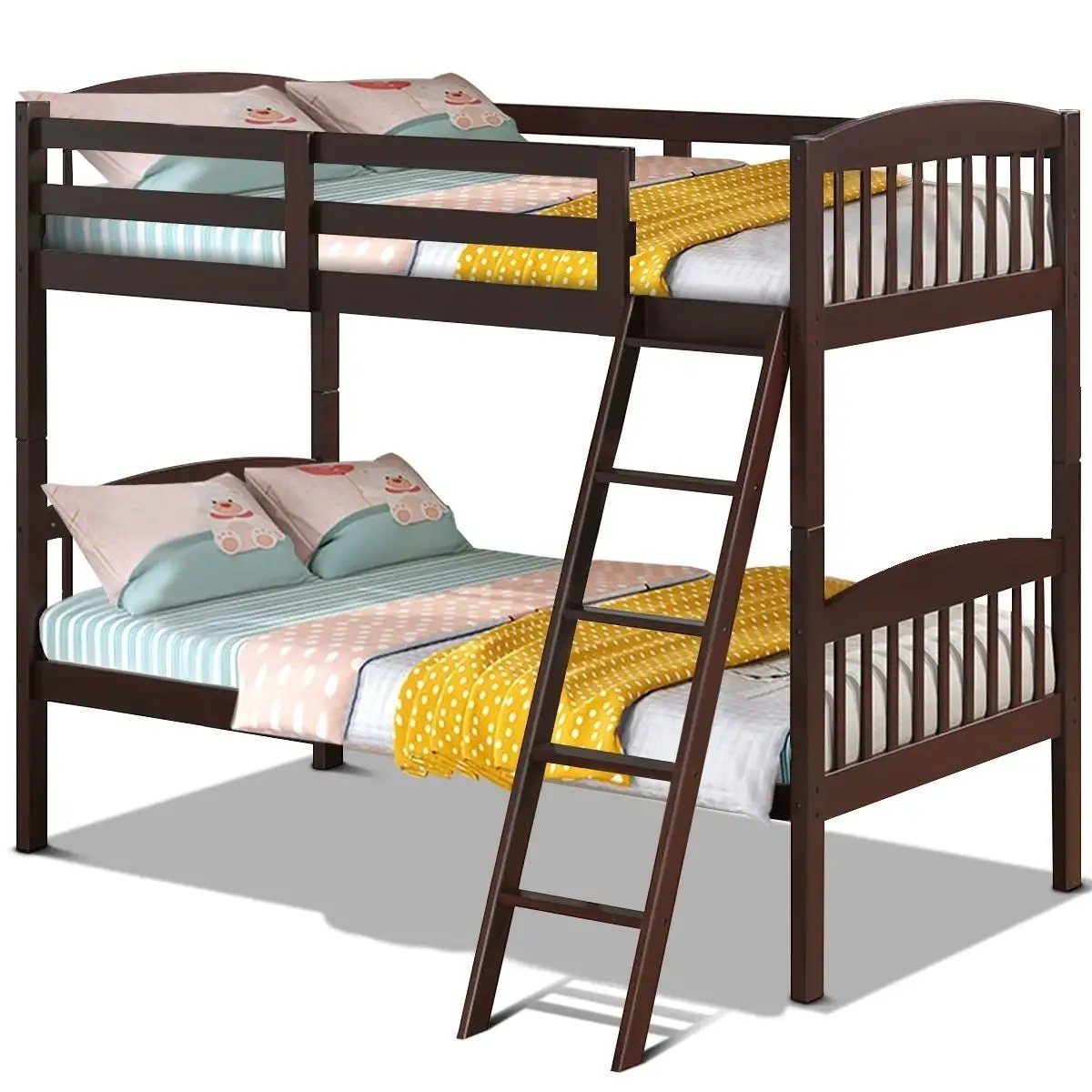 Twin over Twin Wooden Bunk Bed with Ladder in Dark Brown Finish by HomePacific