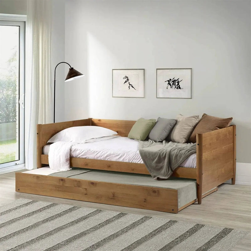 Twin size Solid Wood Daybed with Roll Out Trundle Bed Frame in Medium Brown by HomePacific