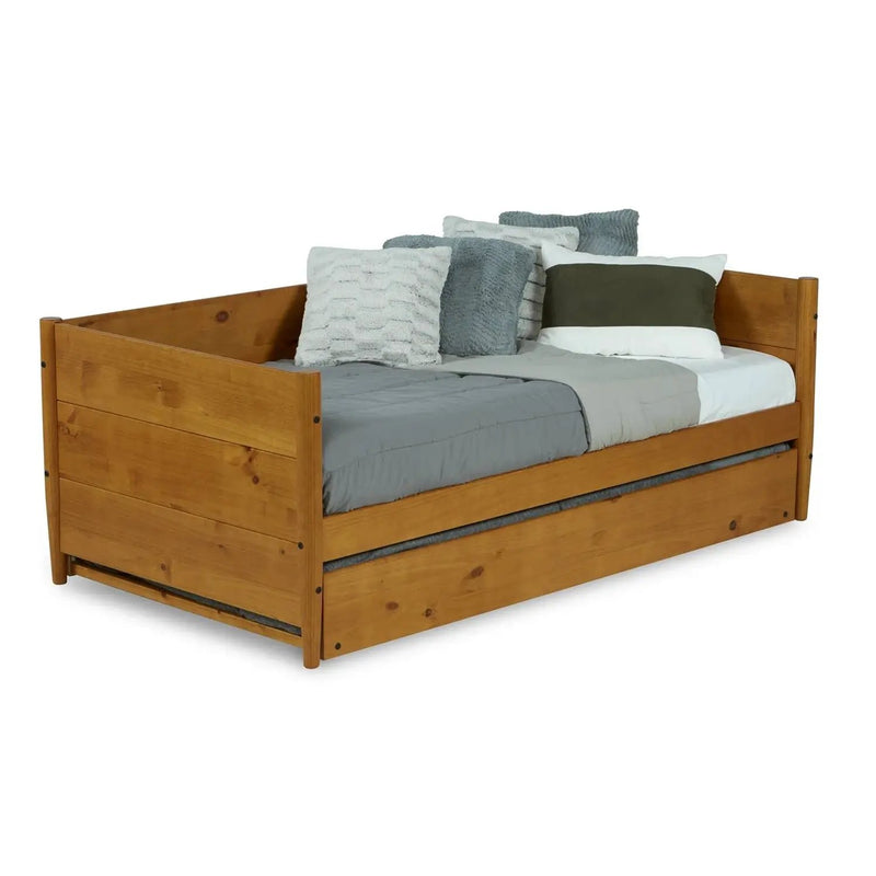 Twin size Solid Wood Daybed with Roll Out Trundle Bed Frame in Medium Brown by HomePacific