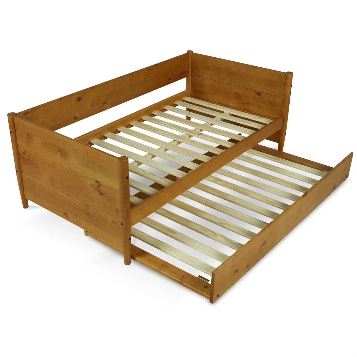 Twin size Solid Wood Daybed with Roll Out Trundle Bed Frame in Medium Brown by HomePacific